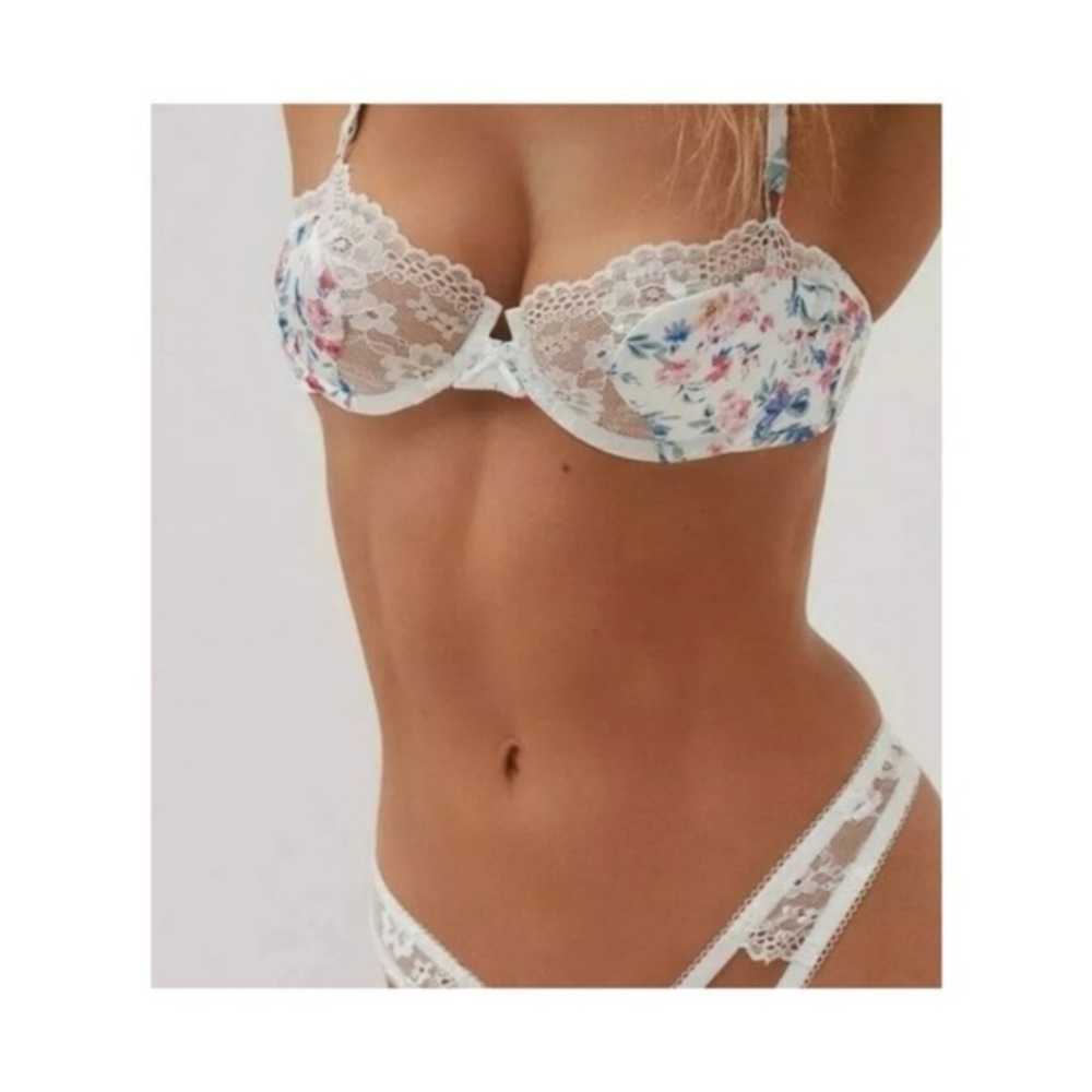 For Love & Lemons floral embroidered bra & cutout thong white multi